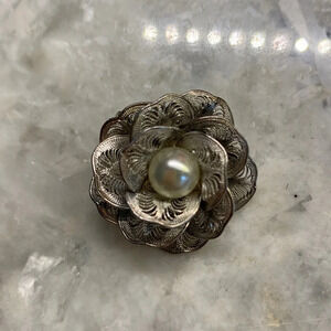 Silver vintage filigree flower petal Pearl  brooch